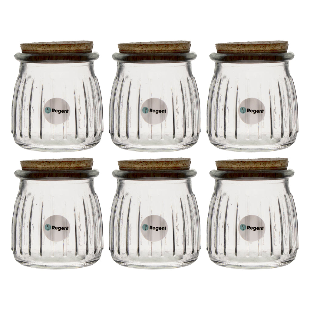 REGENT GLASS ROUND RIBBED JARS WITH CORK LIDS 6 PACK, 160ML