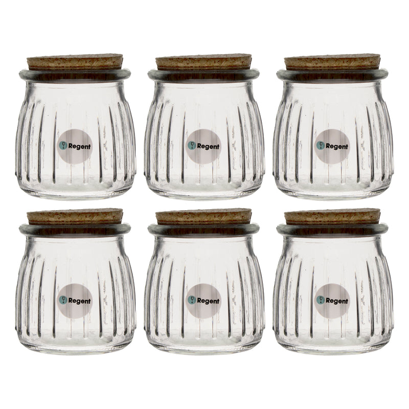 REGENT GLASS ROUND RIBBED JARS WITH CORK LIDS 6 PACK, 160ML (71MM DIAX80MM)