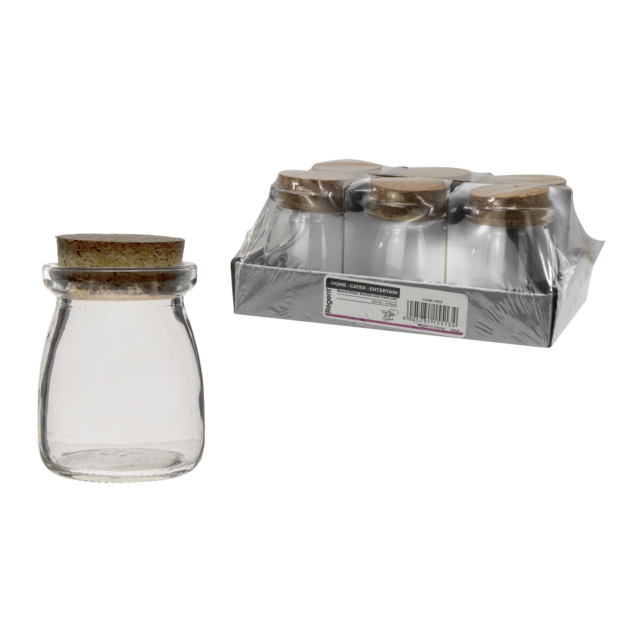REGENT GLASS ROUND BOTTLES WITH CORK LIDS 6PK, 100ML