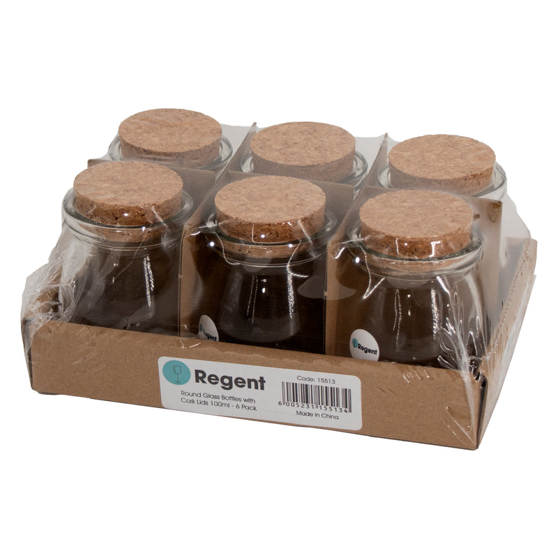 REGENT GLASS ROUND BOTTLES WITH CORK LIDS 6 PACK, 100ML (56MM DIAX76MM)