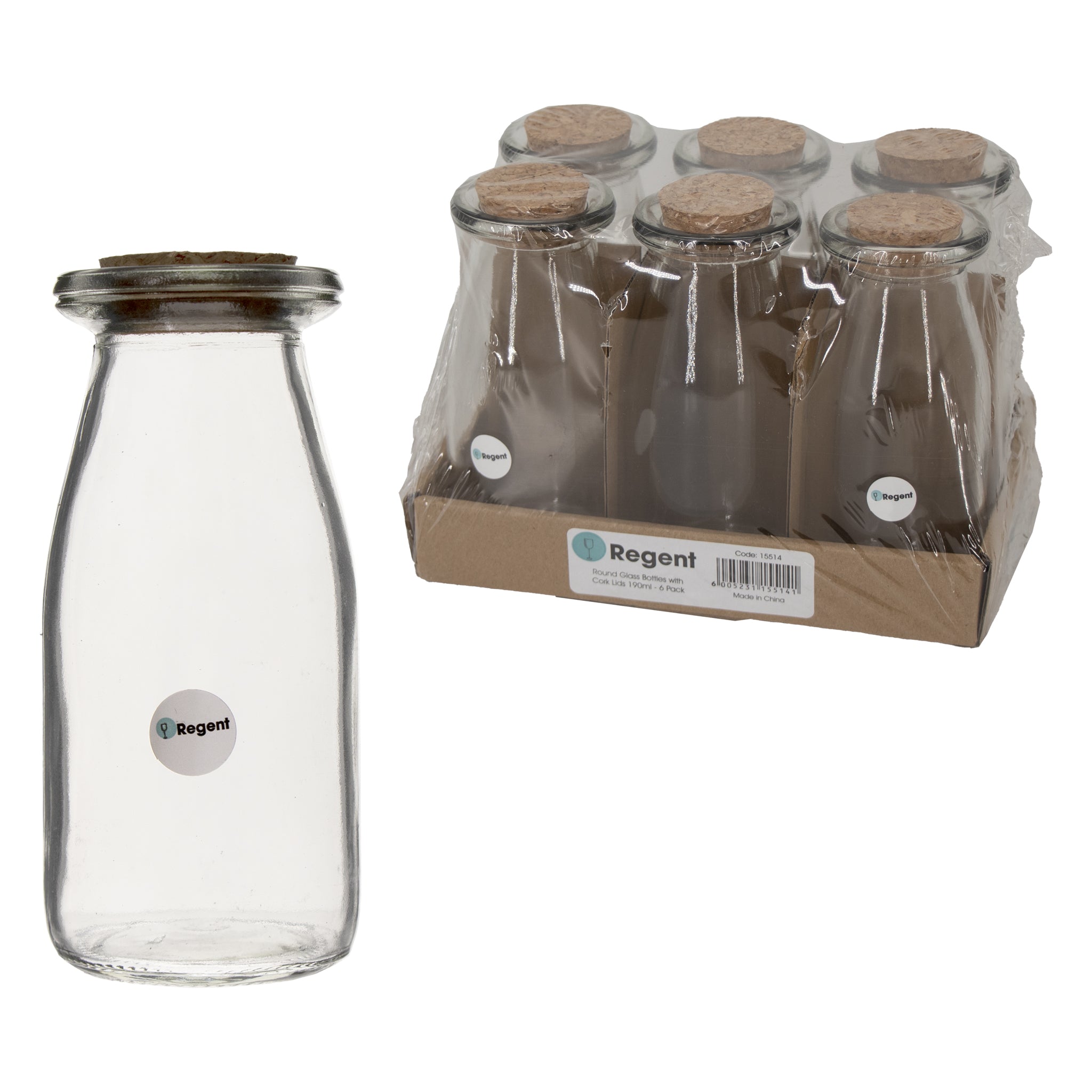REGENT GLASS ROUND BOTTLES WITH CORK LIDS 6PK, 190ML