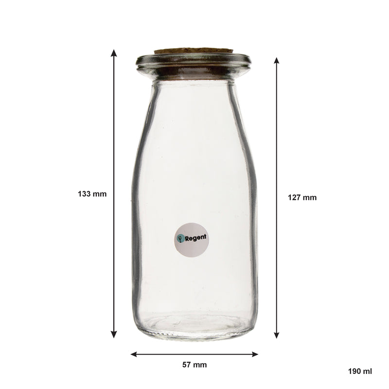 REGENT GLASS ROUND BOTTLES WITH CORK LIDS 6 PACK, 190ML (57MM DIAX133MM)