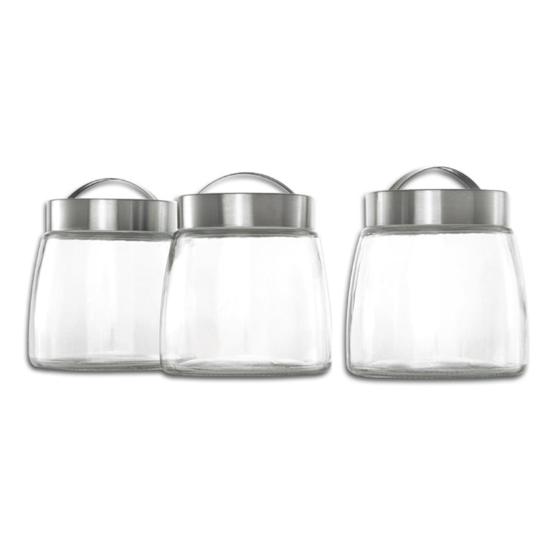 CONSOL SOHO GLASS CANISTERS WITH ST STEEL LIDS 3PCE SET, 800ML (140X125MM DIA)