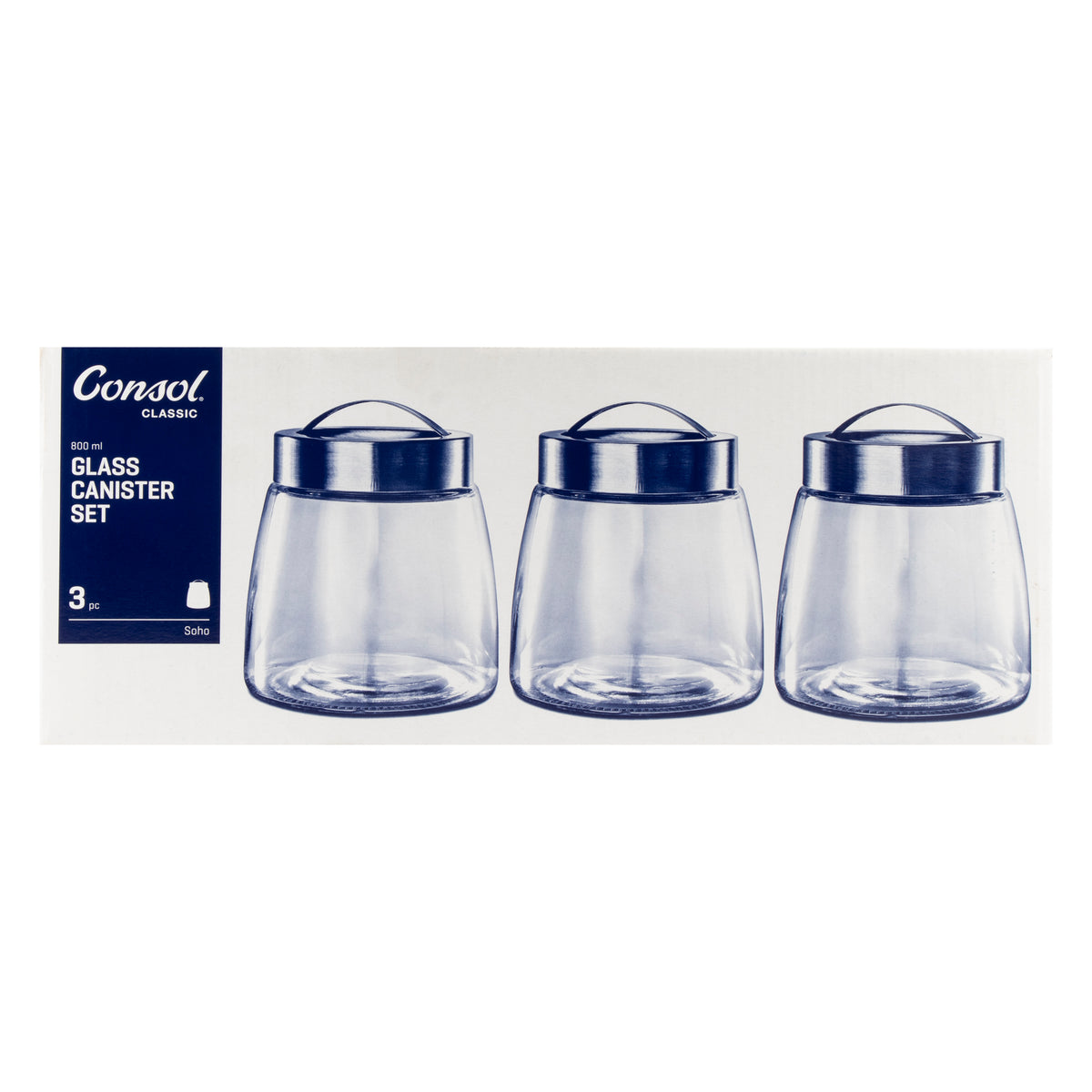 CONSOL SOHO GLASS CANISTERS WITH ST STEEL LIDS 3PK SET, 800ML