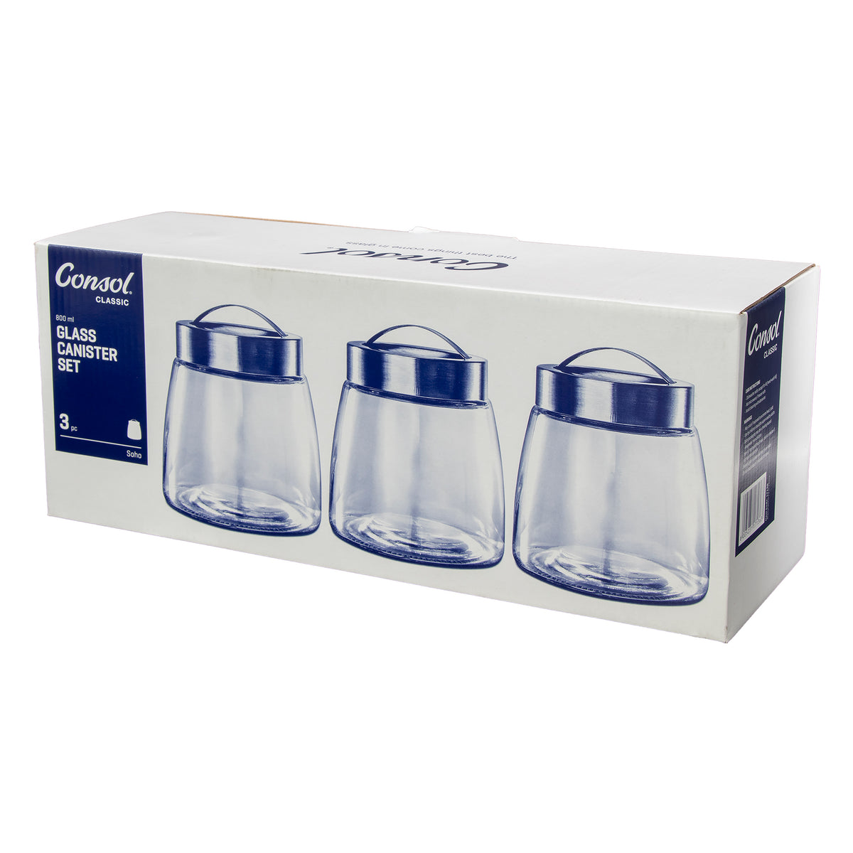 CONSOL SOHO GLASS CANISTERS WITH ST STEEL LIDS 3PK SET, 800ML