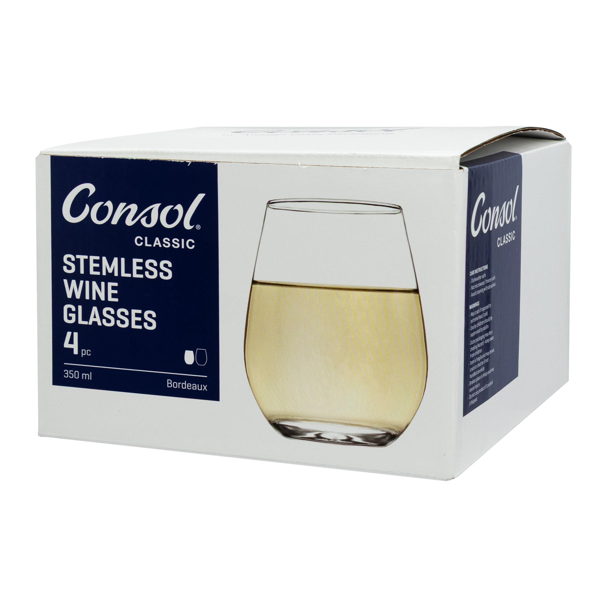 CONSOL BORDEAUX STEMLESS WINE GLASS 4PK, 350ML