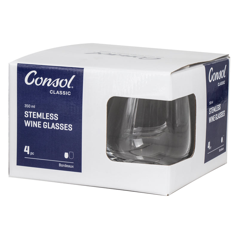 CONSOL BORDEAUX STEMLESS WINE GLASS 4 PACK, (350ML)