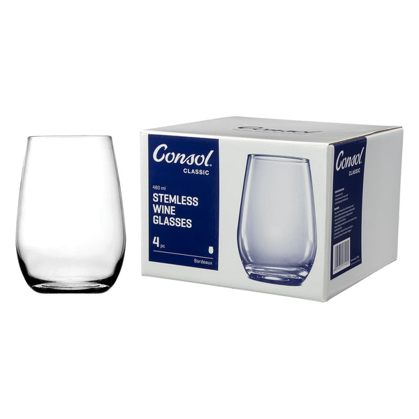 CONSOL BORDEAUX STEMLESS WINE GLASS 4 PACK, (480ML)