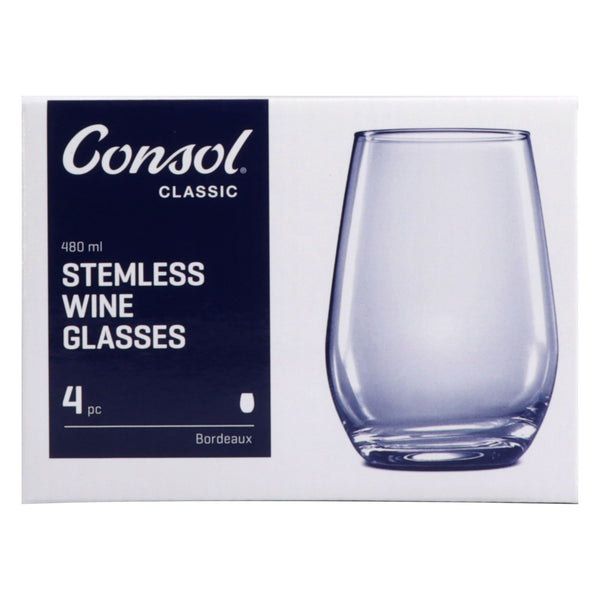 CONSOL BORDEAUX STEMLESS WINE GLASS 4 PACK, (480ML)