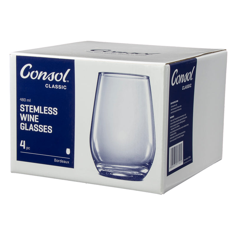 CONSOL BORDEAUX STEMLESS WINE GLASS 4 PACK, (480ML)