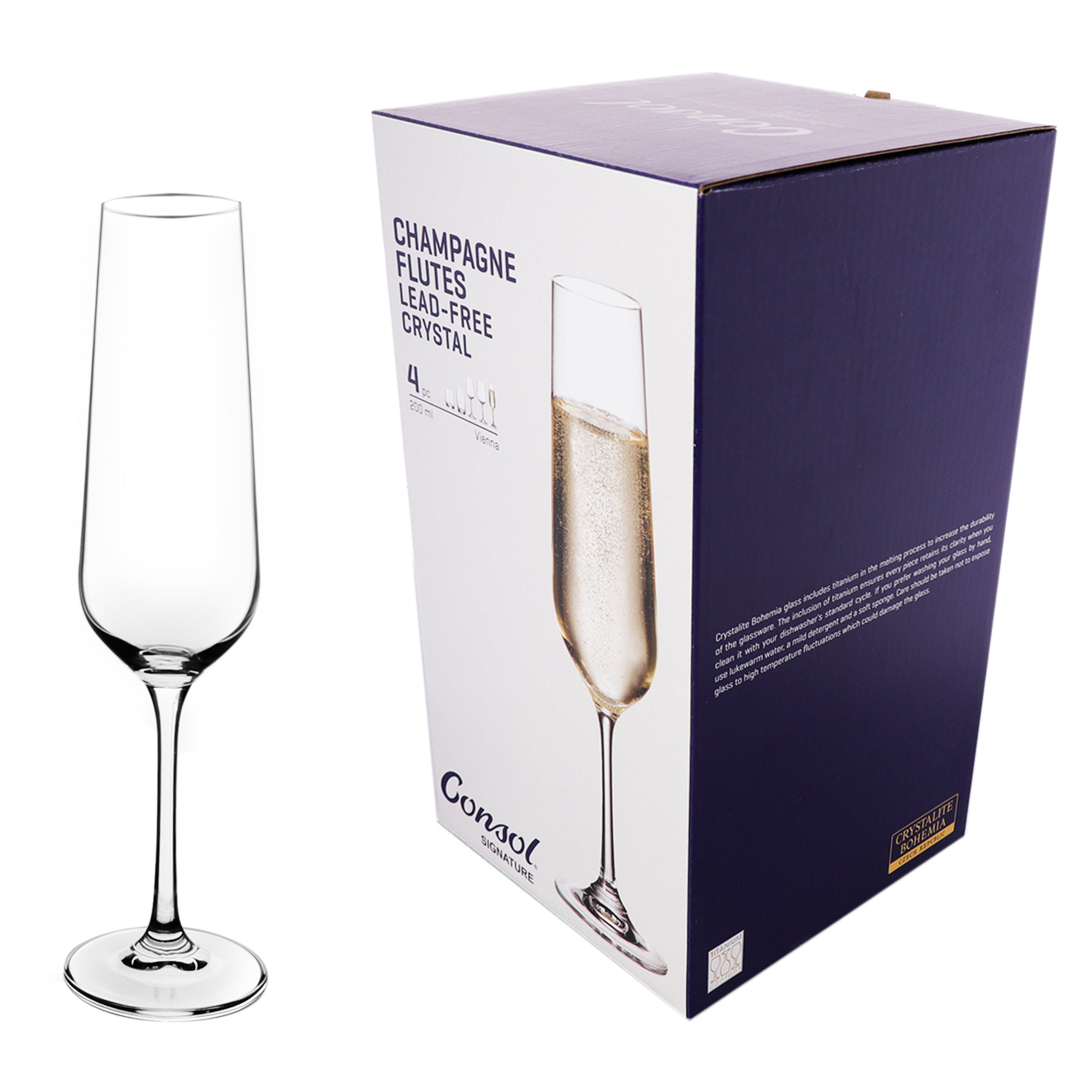 CONSOL SIGNATURE VIENNA STEM CRYSTAL CHAMPAGNE FLUTE 4PK, 200ML