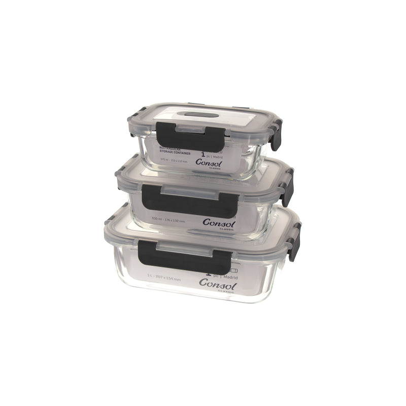 CONSOL MADRID STORAGE CONTAINERS WITH CLIP ON VENTED LIDS 3PCE VALUE PACK, (1LT & 630ML & 370ML)