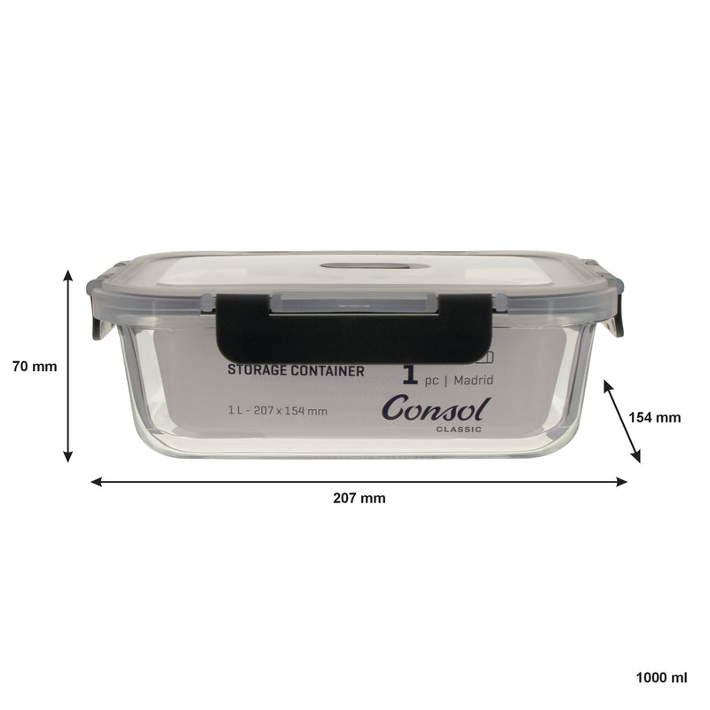 CONSOL MADRID RECT. STORAGE CONTAINER WITH VENTED CLIP ON LID, 1LT (207X154X70MM)