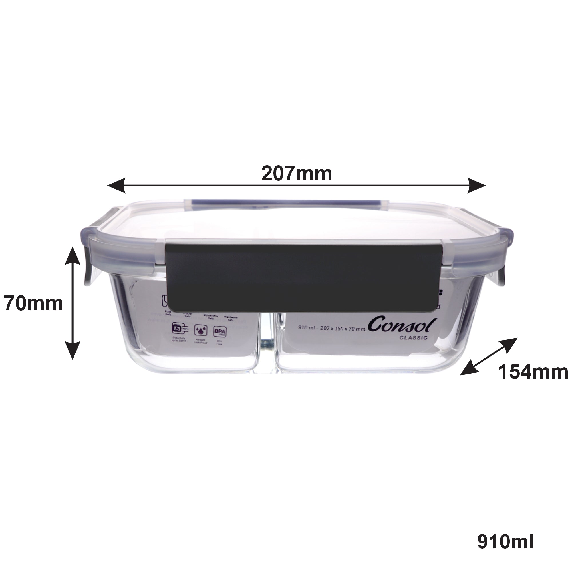 CONSOL MADRID RECT. 3 DIVISION STORAGE CONTAINER WITH CLIP ON LID, 910ML