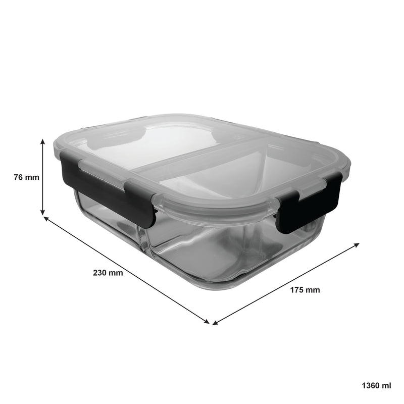 CONSOL MADRID RECT. 2 DIVISION STORAGE CONTAINER WITH CLIP ON LID, 1.36LT (230X175X76MM)