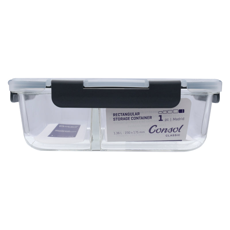 CONSOL MADRID RECT. 2 DIVISION STORAGE CONTAINER WITH CLIP ON LID, 1.36LT (230X175X76MM)