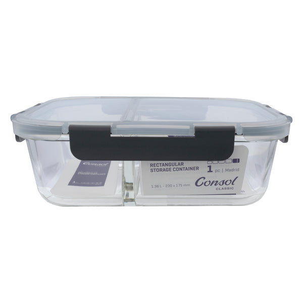 CONSOL MADRID RECT. 2 DIVISION STORAGE CONTAINER WITH CLIP ON LID, 1.36LT (230X175X76MM)