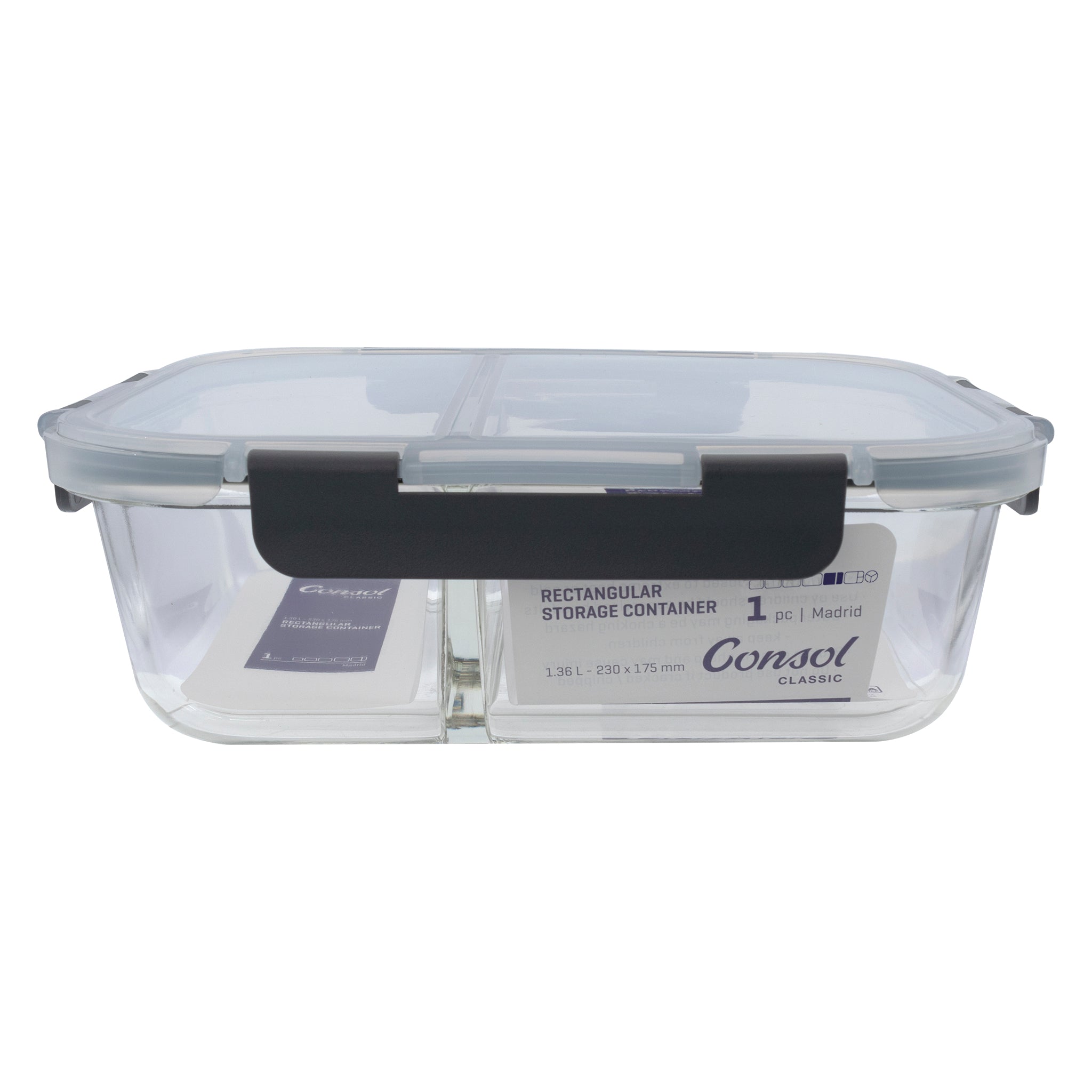 CONSOL MADRID RECT. 2 DIVISION STORAGE CONTAINER WITH CLIP ON LID, 1.36L