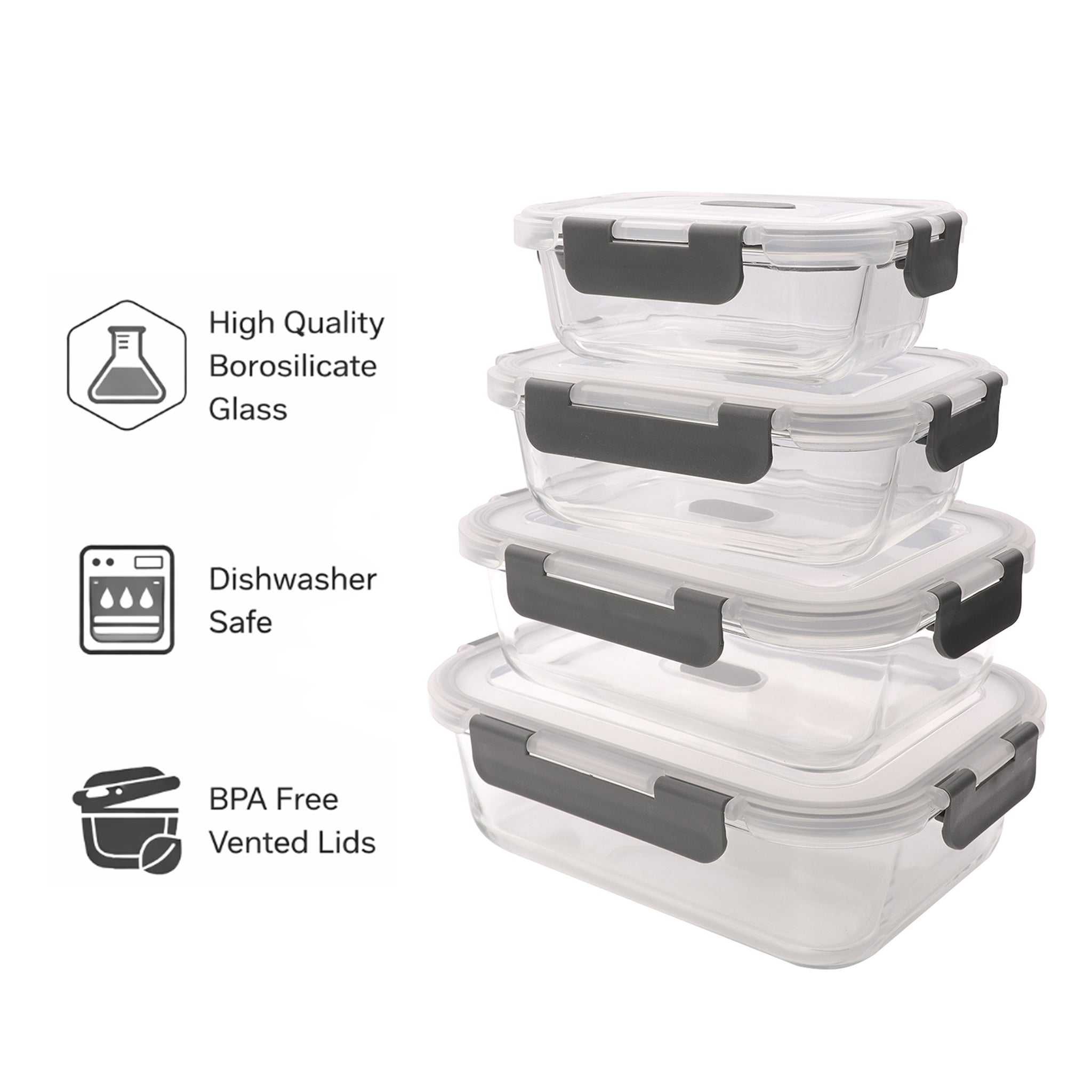 CONSOL MADRID STORAGE CONTAINERS WITH CLIP ON VENTED LIDS VALUE 4PK - 1.5L l 1L l 630ML l 370ML
