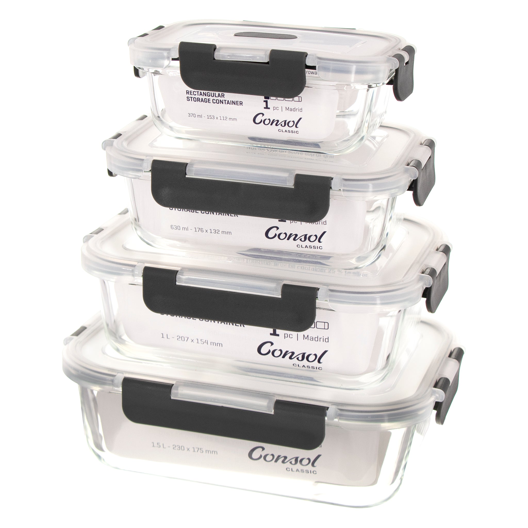 CONSOL MADRID STORAGE CONTAINERS WITH CLIP ON VENTED LIDS VALUE 4PK - 1.5L l 1L l 630ML l 370ML