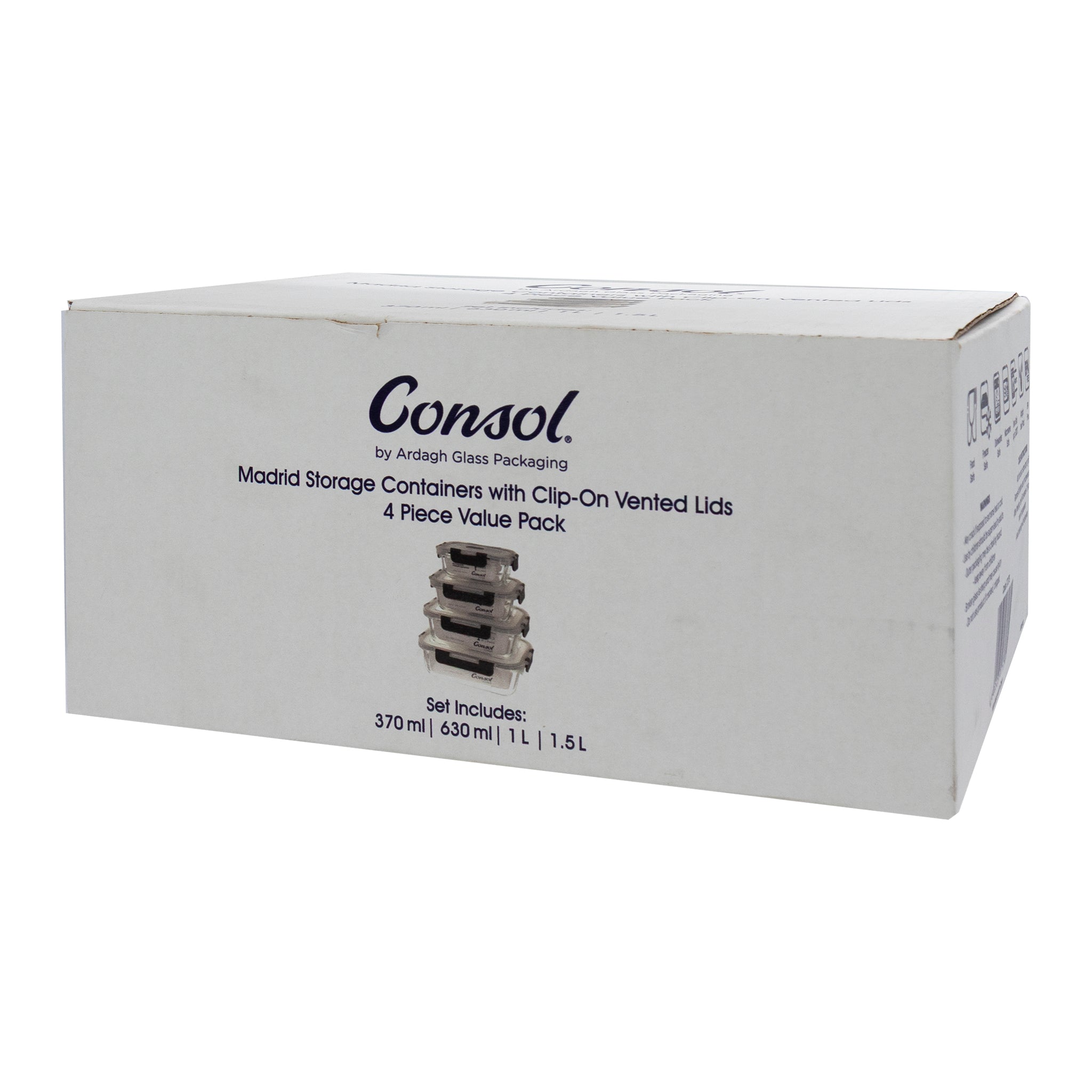 CONSOL MADRID STORAGE CONTAINERS WITH CLIP ON VENTED LIDS VALUE 4PK - 1.5L l 1L l 630ML l 370ML