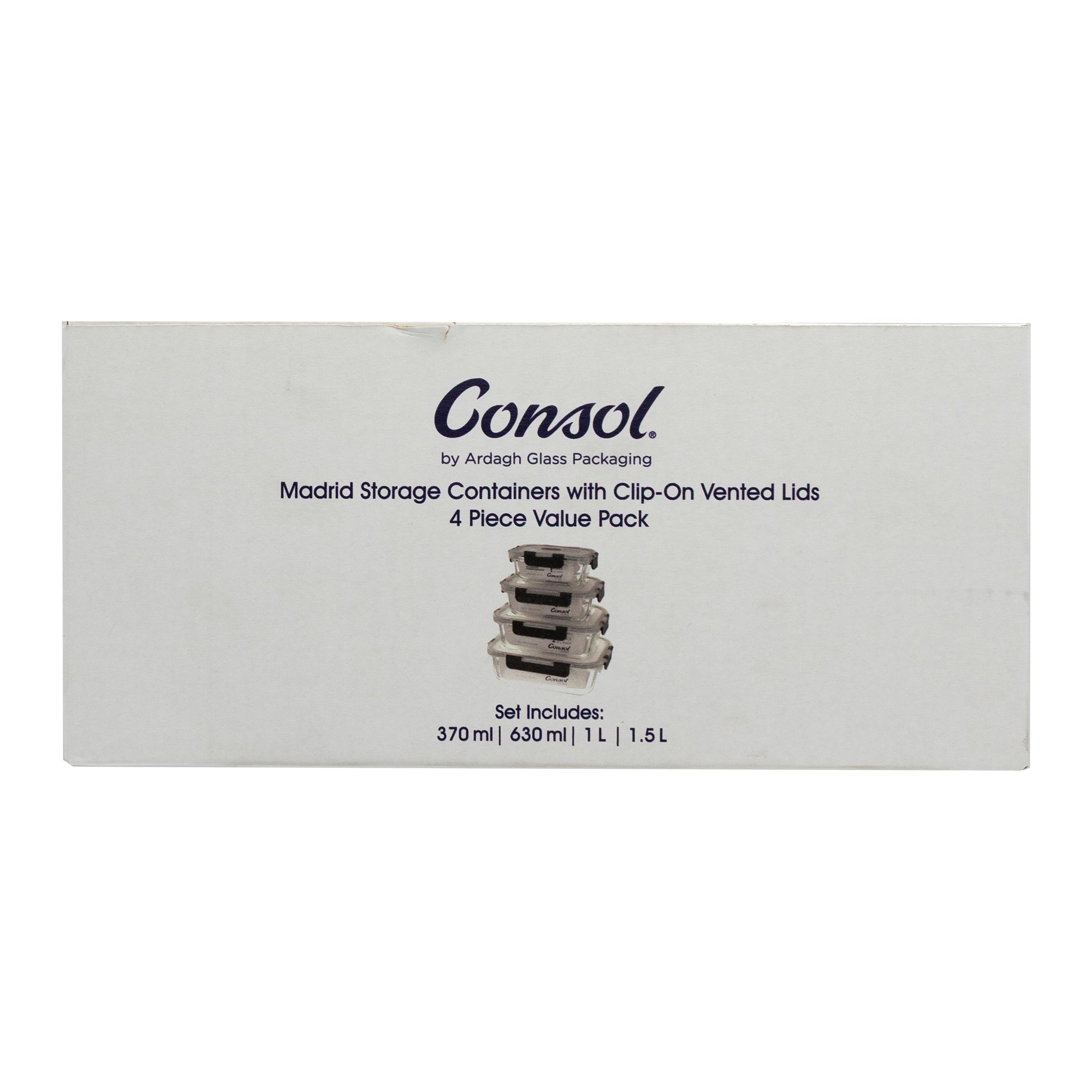 CONSOL MADRID STORAGE CONTAINERS WITH CLIP ON VENTED LIDS VALUE 4PK - 1.5L l 1L l 630ML l 370ML