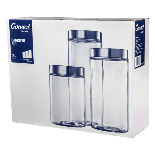 CONSOL CHICAGO CANISTERS WITH ST STEEL LIDS 3 PIECE SET, (170/220/275X115MM DIA)