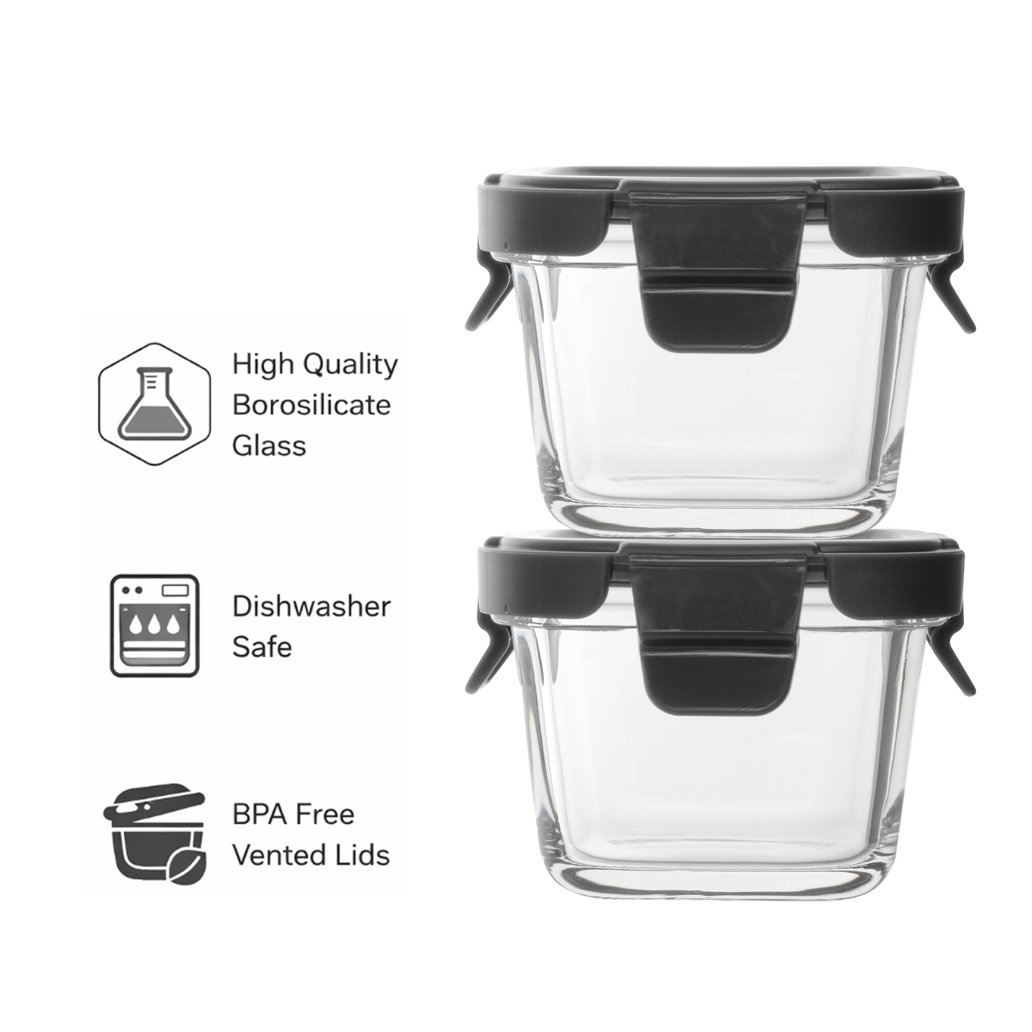 CONSOL SQUARE GLASS BABY FOOD CONTAINERS WITH VENTED CLIP LIDS 2PK, 160ML