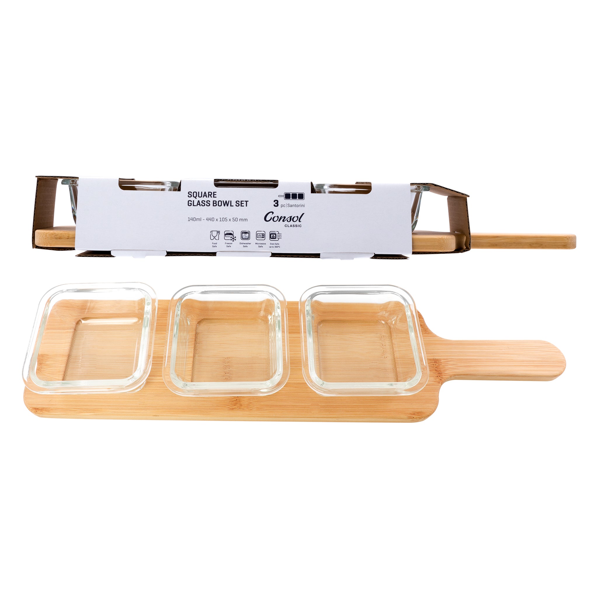 CONSOL SANTORINI 3 SQUARE GLASS BOWLS 140ML ON A BAMBOO SERVING BOARD 4PCS SET