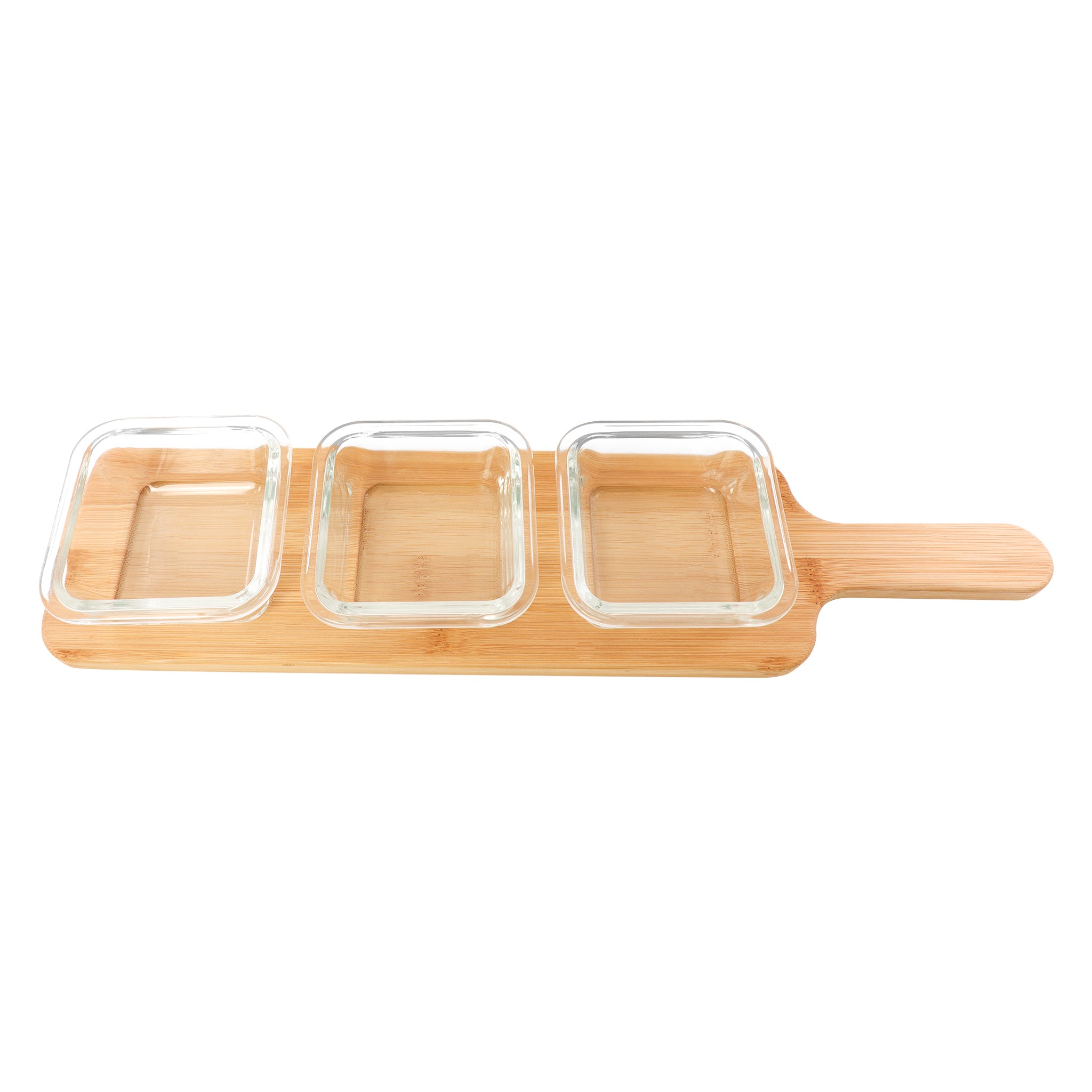CONSOL SANTORINI 3 SQUARE GLASS BOWLS 140ML ON A BAMBOO SERVING BOARD 4PCS SET