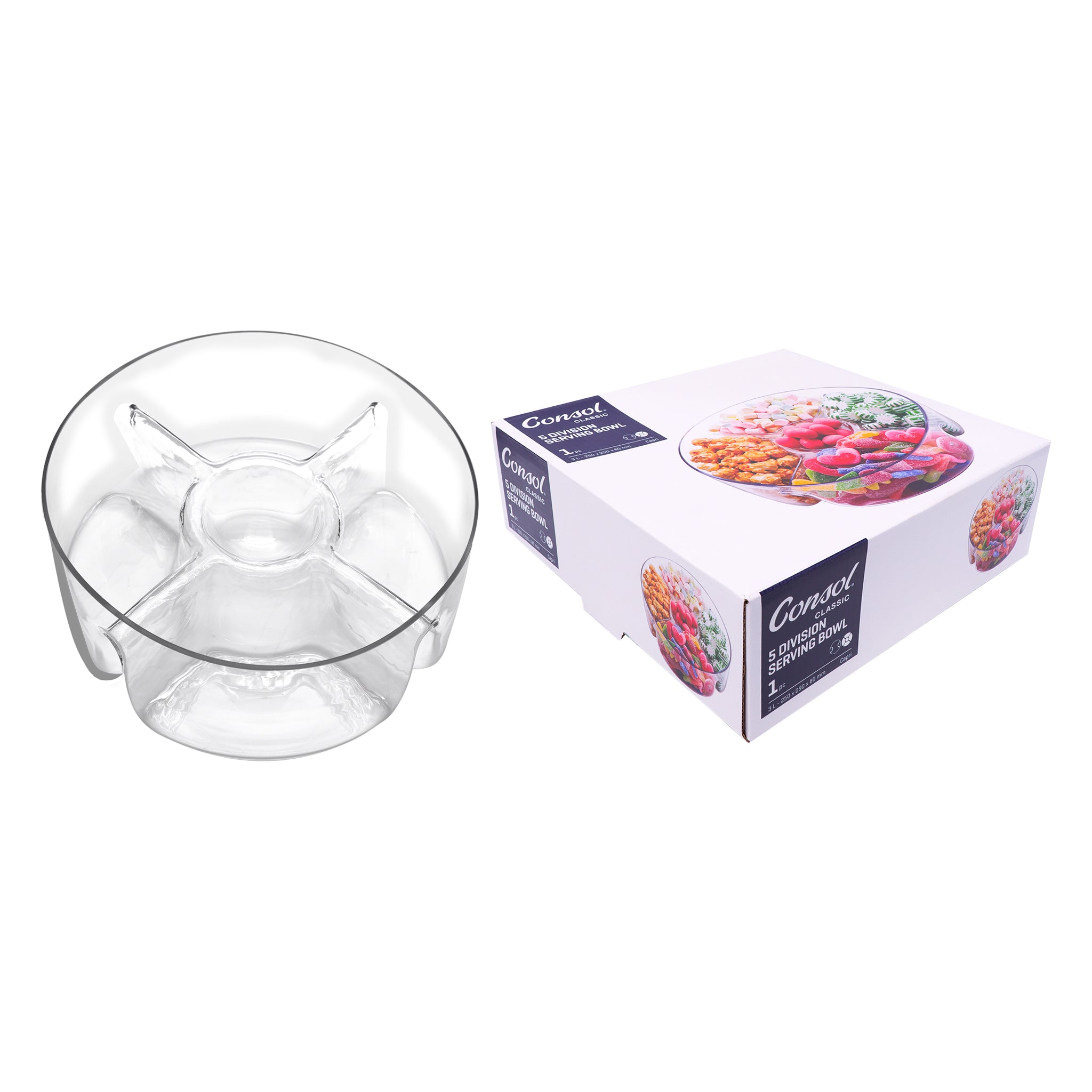 CONSOL GENOA GLASS SERVING BOWL WITH 5 SECTIONS, 250MM DIA