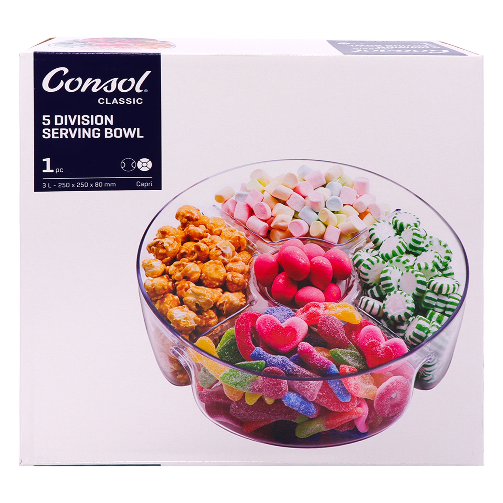 CONSOL GENOA GLASS SERVING BOWL WITH 5 SECTIONS, 250MM DIA