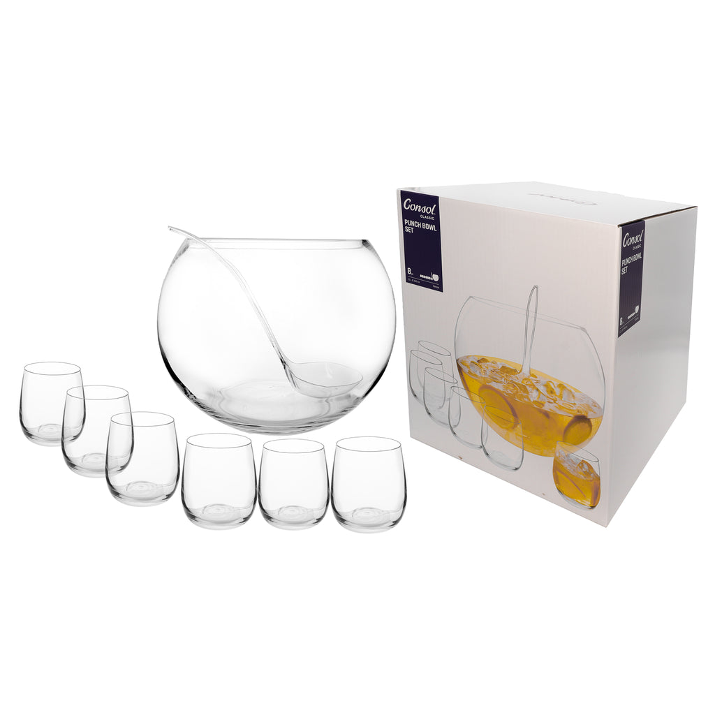 CONSOL GENOA GLASS PUNCH BOWL, 6 GLASSES 340ML AND PLASTIC LADLE 8PCS SET,  11L