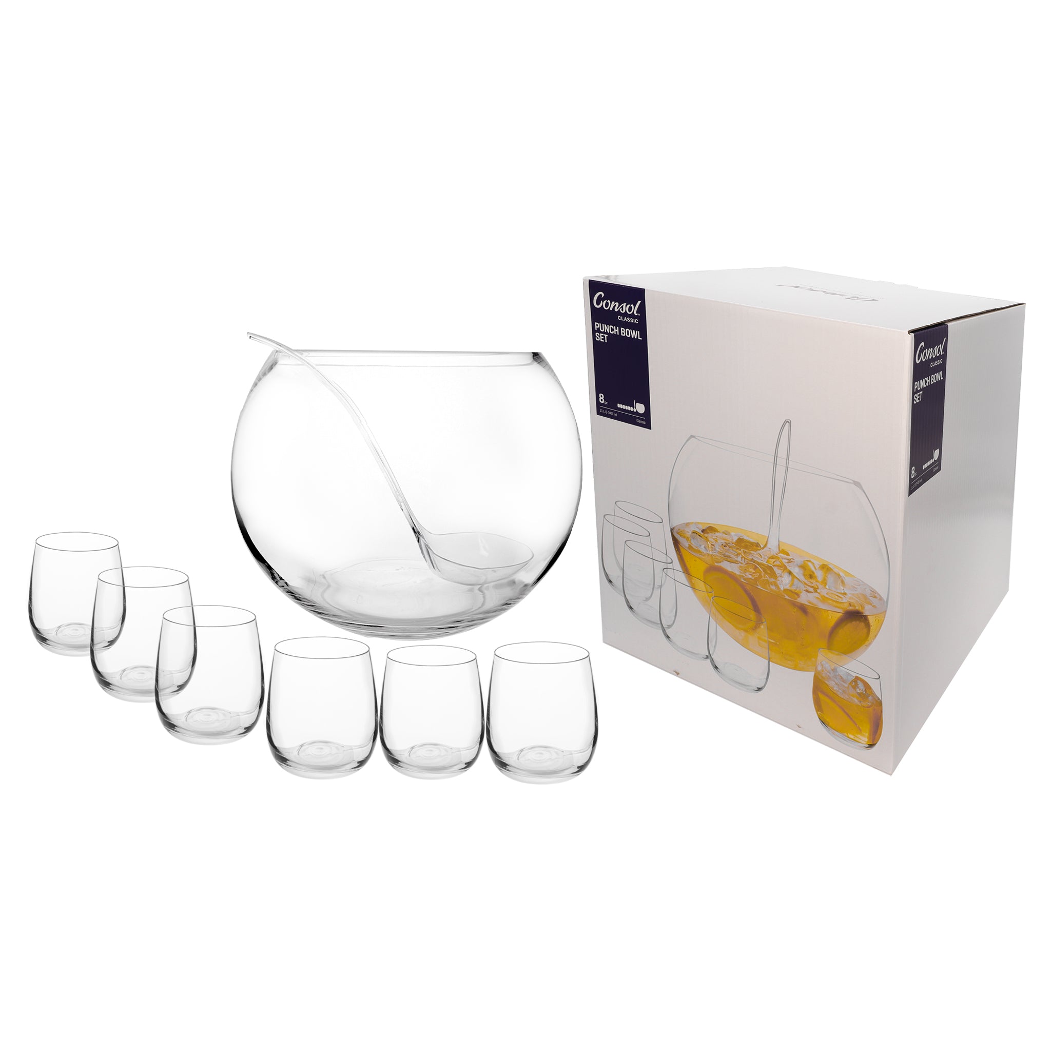 CONSOL GENOA GLASS PUNCH BOWL, 6 GLASSES 340ML AND PLASTIC LADLE 8PCS SET,  11L