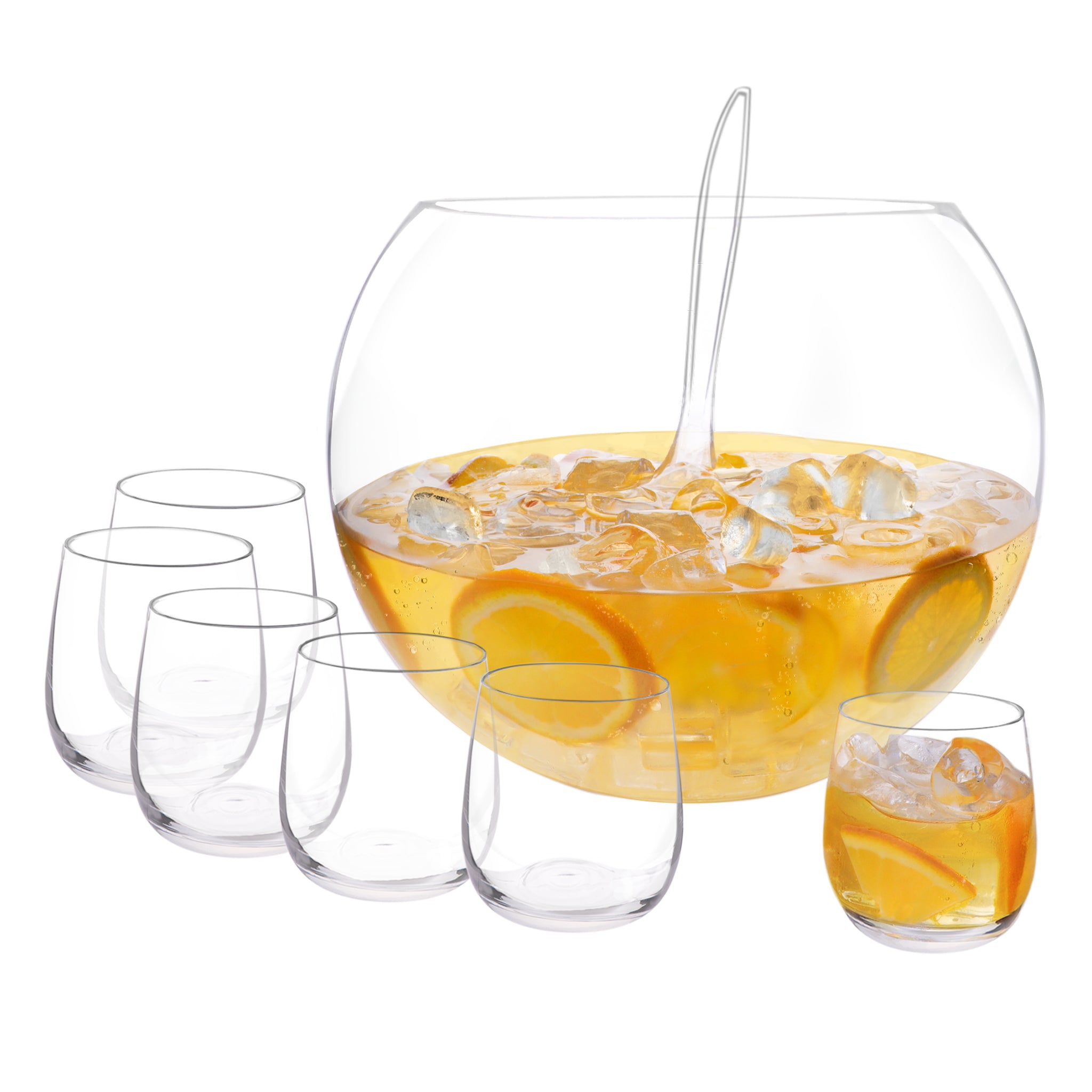 CONSOL GENOA GLASS PUNCH BOWL, 6 GLASSES 340ML AND PLASTIC LADLE 8PCS SET,  11L