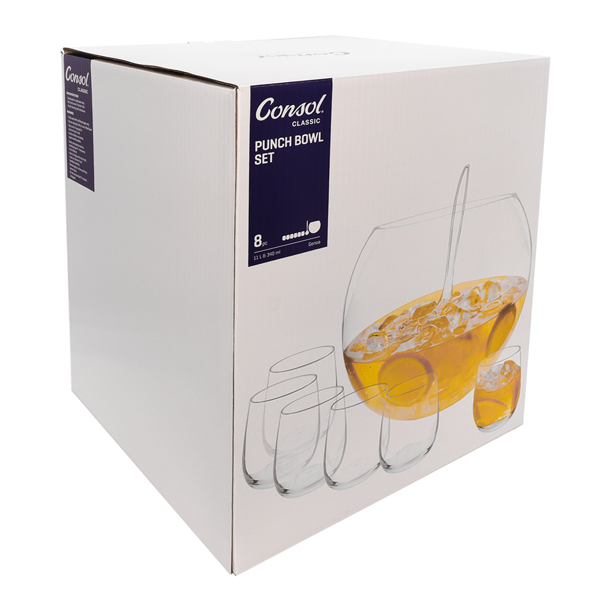 CONSOL GENOA GLASS PUNCH BOWL, 6 GLASSES 340ML AND PLASTIC LADLE 8PCS SET,  11L