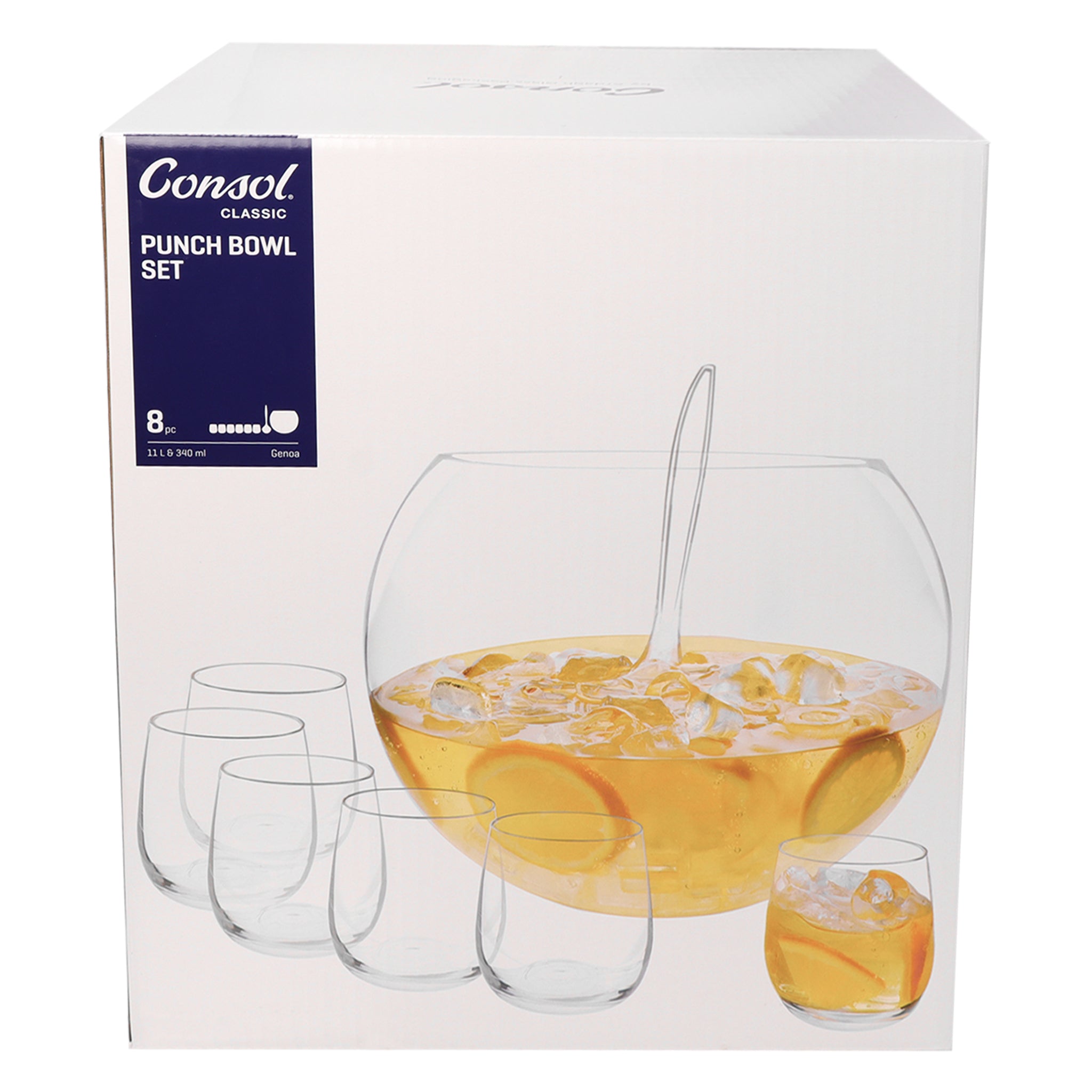 CONSOL GENOA GLASS PUNCH BOWL, 6 GLASSES 340ML AND PLASTIC LADLE 8PCS SET,  11L