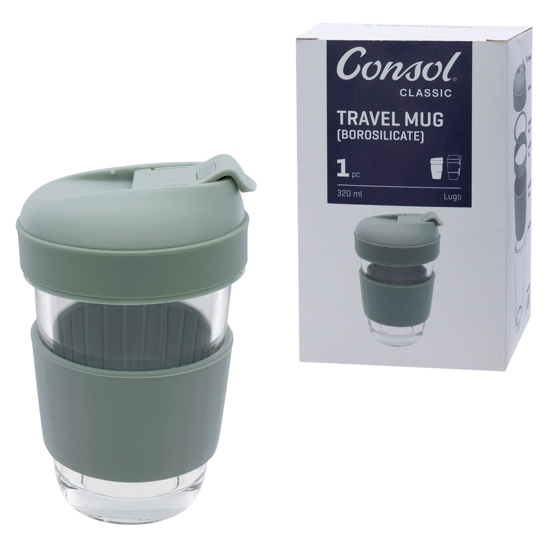 CONSOL LUGO GLASS TRAVEL MUG WITH GREEN PLASTIC LID, 320ML