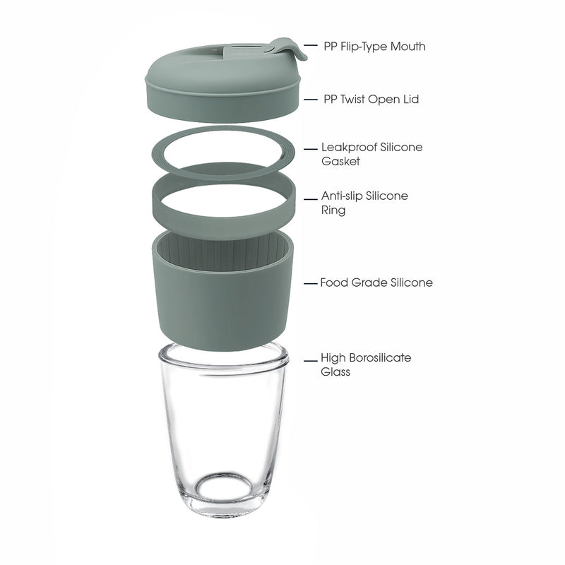 CONSOL LUGO GLASS TRAVEL MUG WITH GREEN PLASTIC LID, 320ML