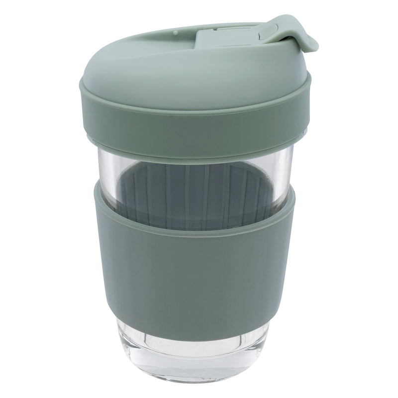 CONSOL LUGO GLASS TRAVEL MUG WITH GREEN PLASTIC LID, 320ML