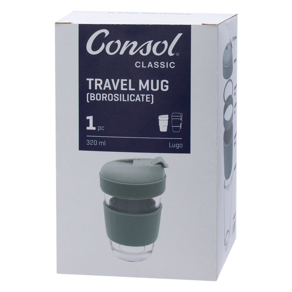 CONSOL LUGO GLASS TRAVEL MUG WITH GREEN PLASTIC LID, 320ML