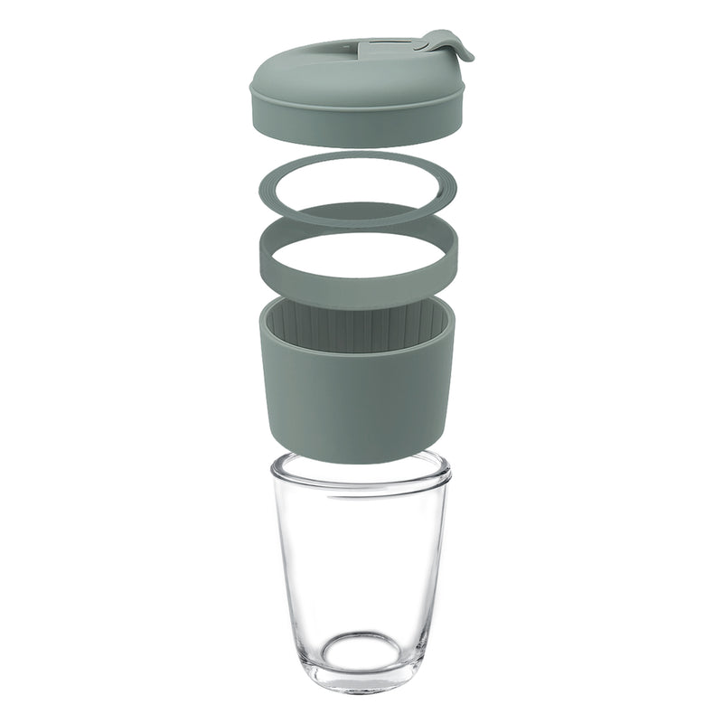 CONSOL LUGO GLASS TRAVEL MUG WITH GREEN PLASTIC LID, 320ML