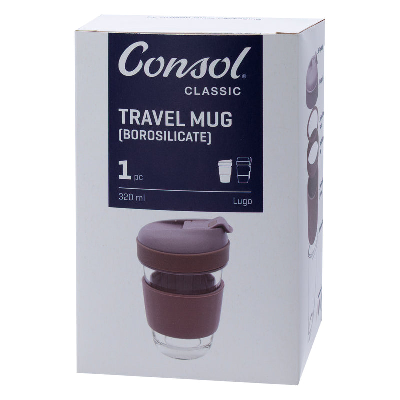 CONSOL LUGO GLASS TRAVEL MUG WITH PURPLE PLASTIC LID, 320ML