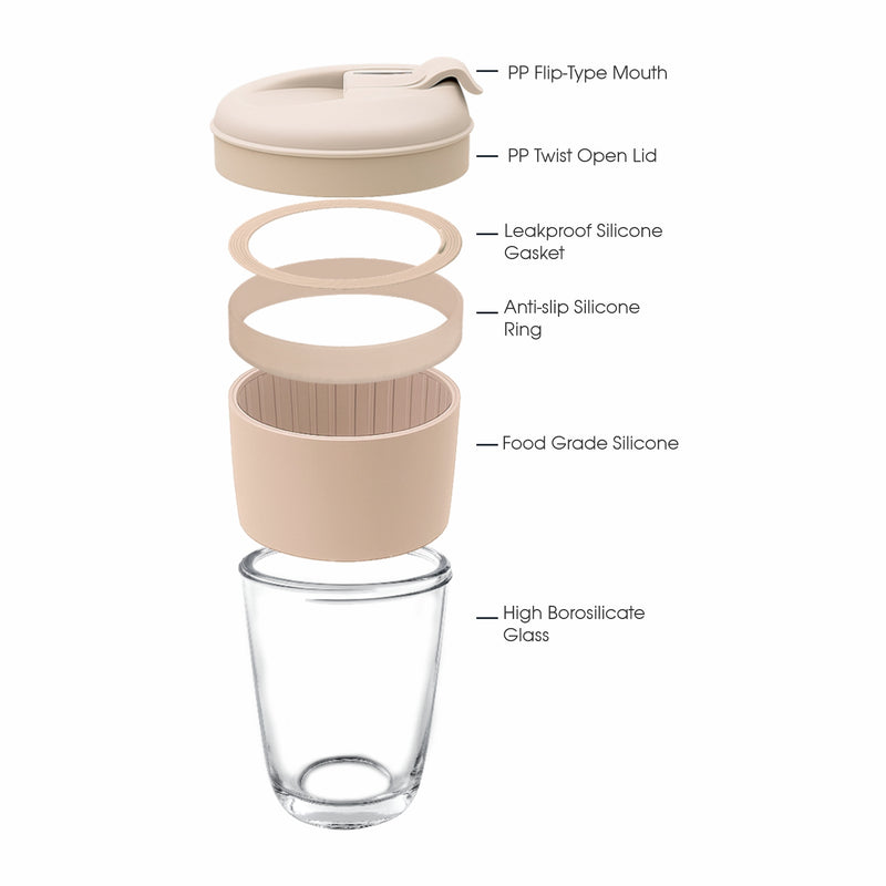 CONSOL LUGO GLASS TRAVEL MUG WITH BEIGE PLASTIC LID, 320ML