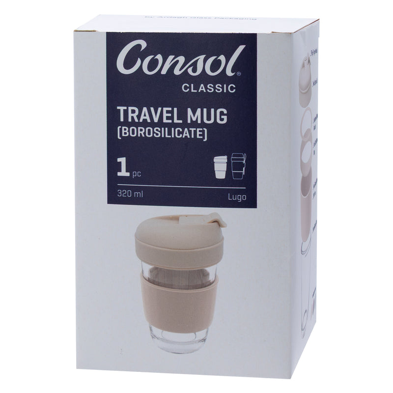 CONSOL LUGO GLASS TRAVEL MUG WITH BEIGE PLASTIC LID, 320ML