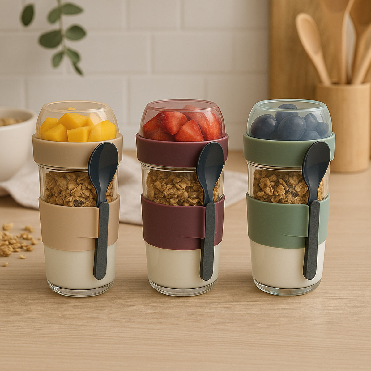 CONSOL LUGO LAYER LUX CUP WITH BEIGE PLASTIC LID AND GREY SPOON, 480ML