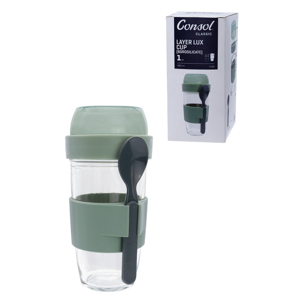 CONSOL LUGO LAYER LUX CUP WITH GREEN PLASTIC LID AND GREY SPOON, 480ML