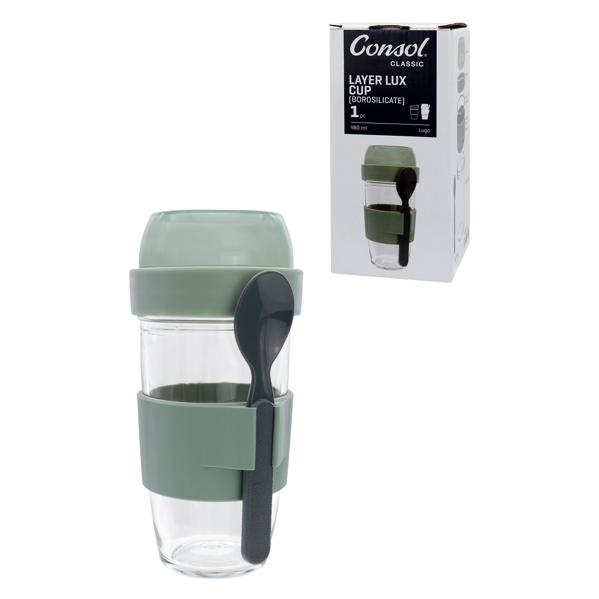 CONSOL LUGO LAYER LUX CUP WITH GREEN PLASTIC LID AND GREY SPOON, 480ML