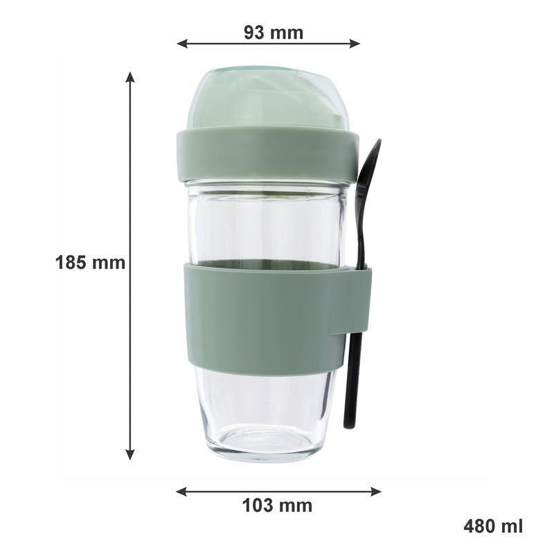CONSOL LUGO LAYER LUX CUP WITH GREEN PLASTIC LID AND GREY SPOON, 480ML
