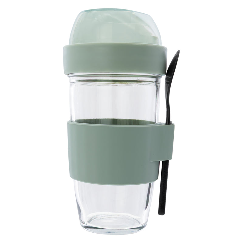 CONSOL LUGO LAYER LUX CUP WITH GREEN PLASTIC LID AND GREY SPOON, 480ML